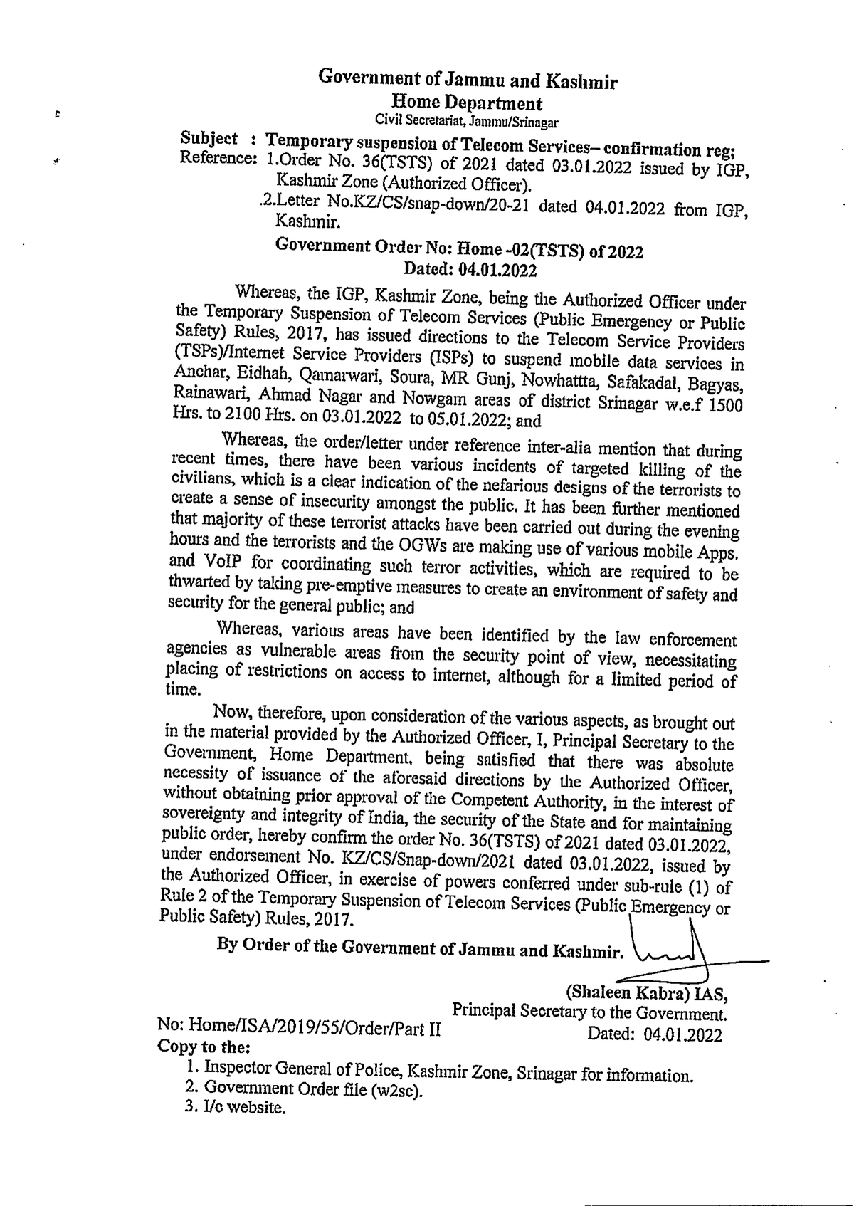 Government Order No. Home-02(TSTS) of 2022 confirming internet suspension in Srinagar district, Jammu and Kashmir, 4 January 2022
