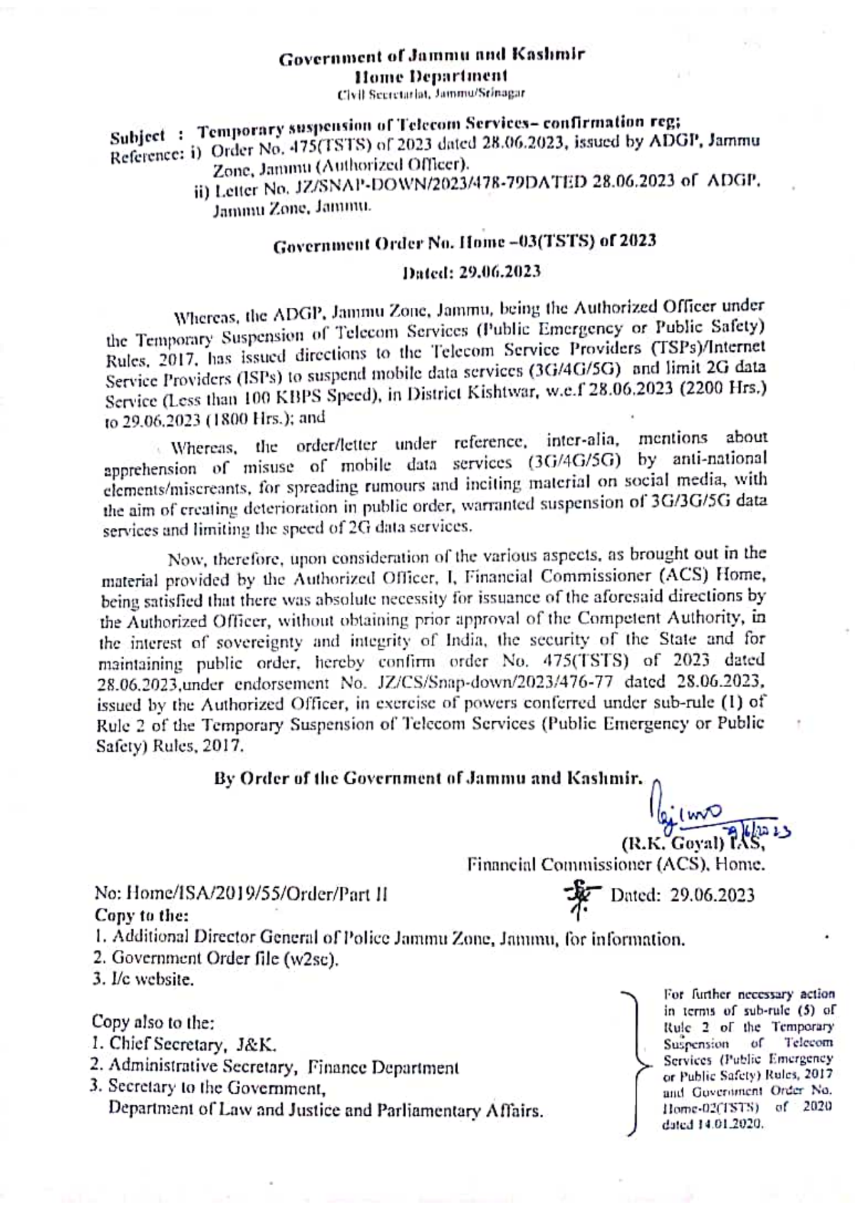 Government Order No. Home-03(TSTS) of 2023 confirming internet suspension in Kishtwar district, Jammu and Kashmir, 29 June 2023