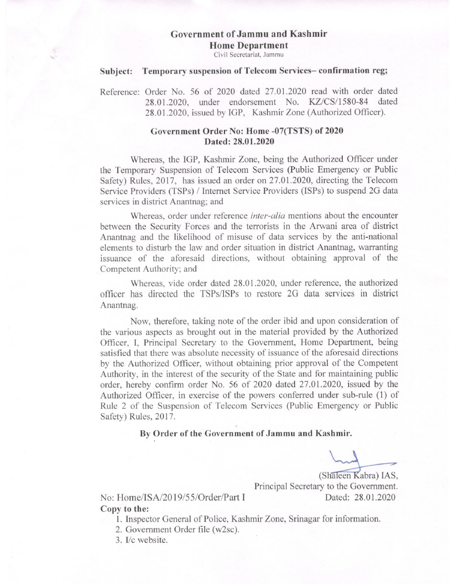 Official Government Order J&K January 2020