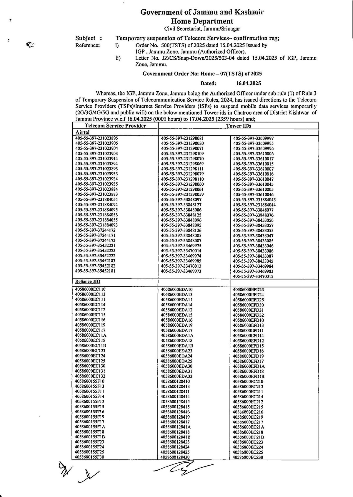 Government Order No. Home-07(TSTS) of 2025 confirming internet suspension in Kishtwar district, 15 April 2025