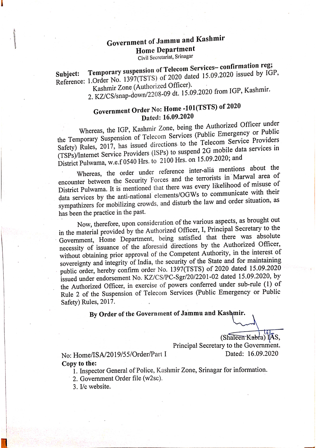 Government Order 101(TSTS) of 2020