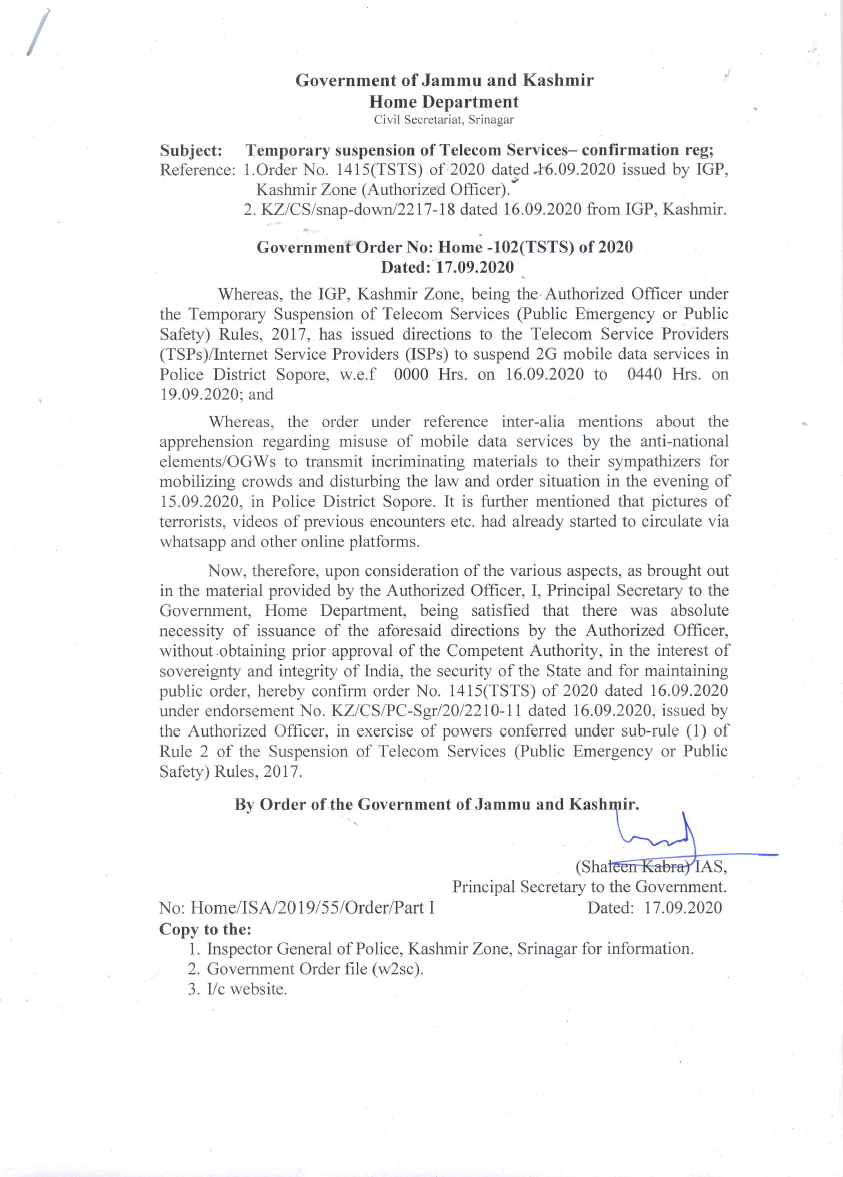 Government Order 102(TSTS) of 2020