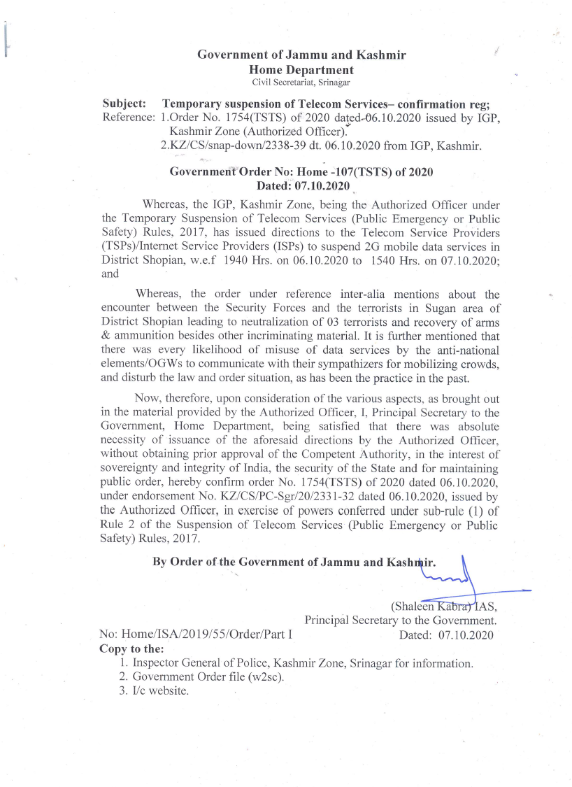 Government Order 107(TSTS) of 2020