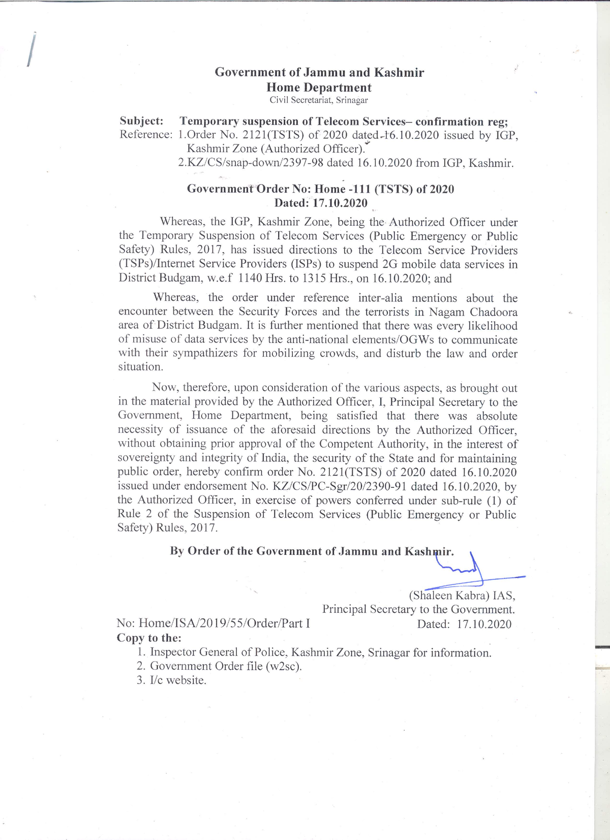 Government Order 111(TSTS) of 2020