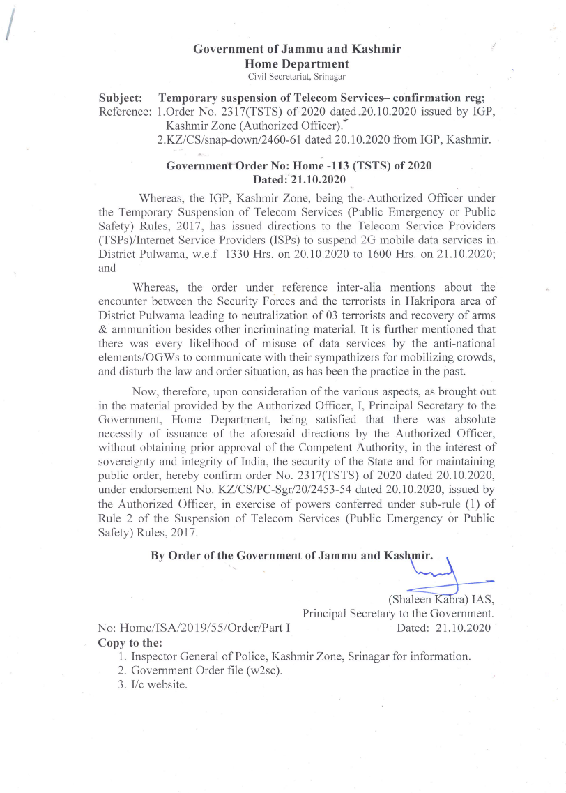 Government Order 113(TSTS) of 2020