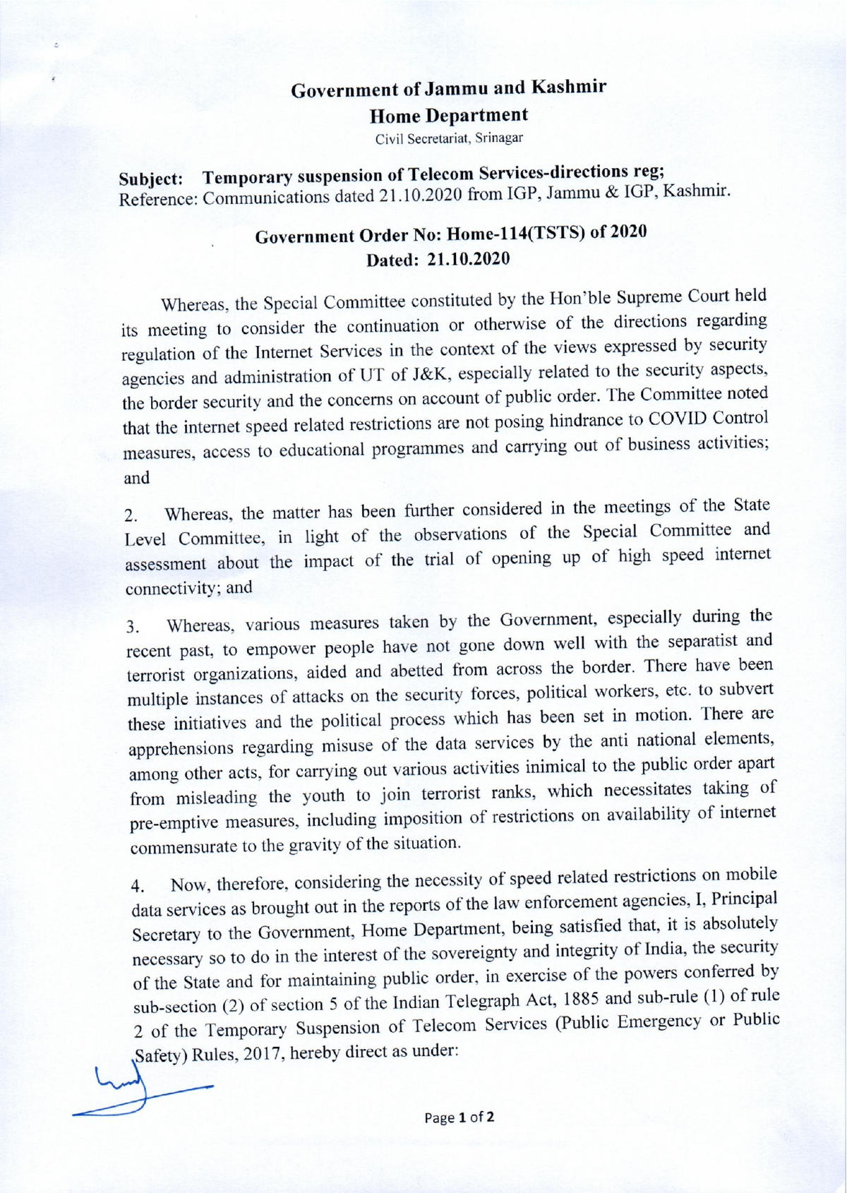 Government Order 114(TSTS) of 2020. pg1