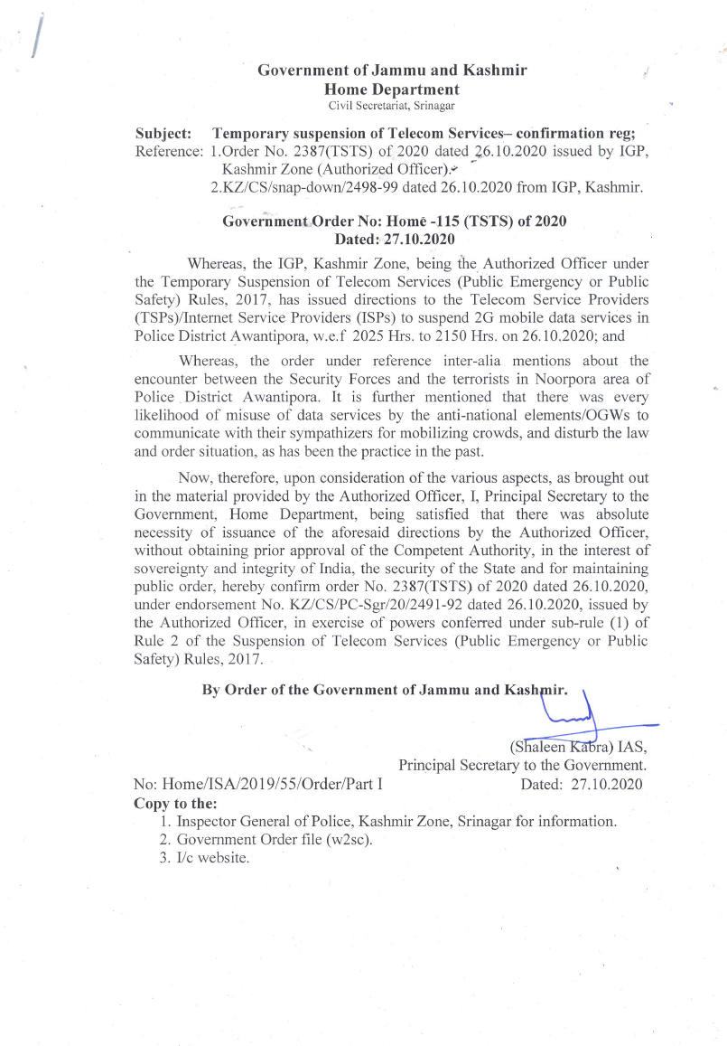 Government Order 115(TSTS) of 2020