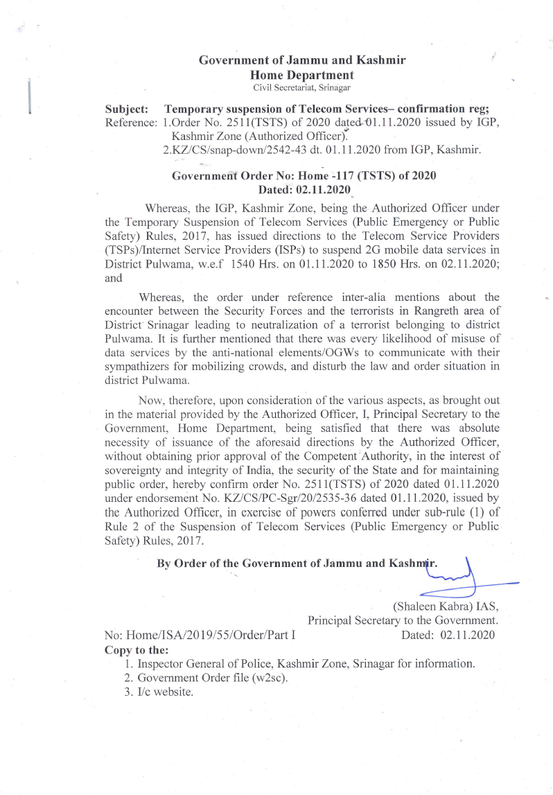 Government Order 117(TSTS) of 2020
