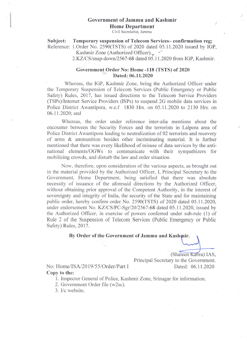 Government Order 118(TSTS) of 2020