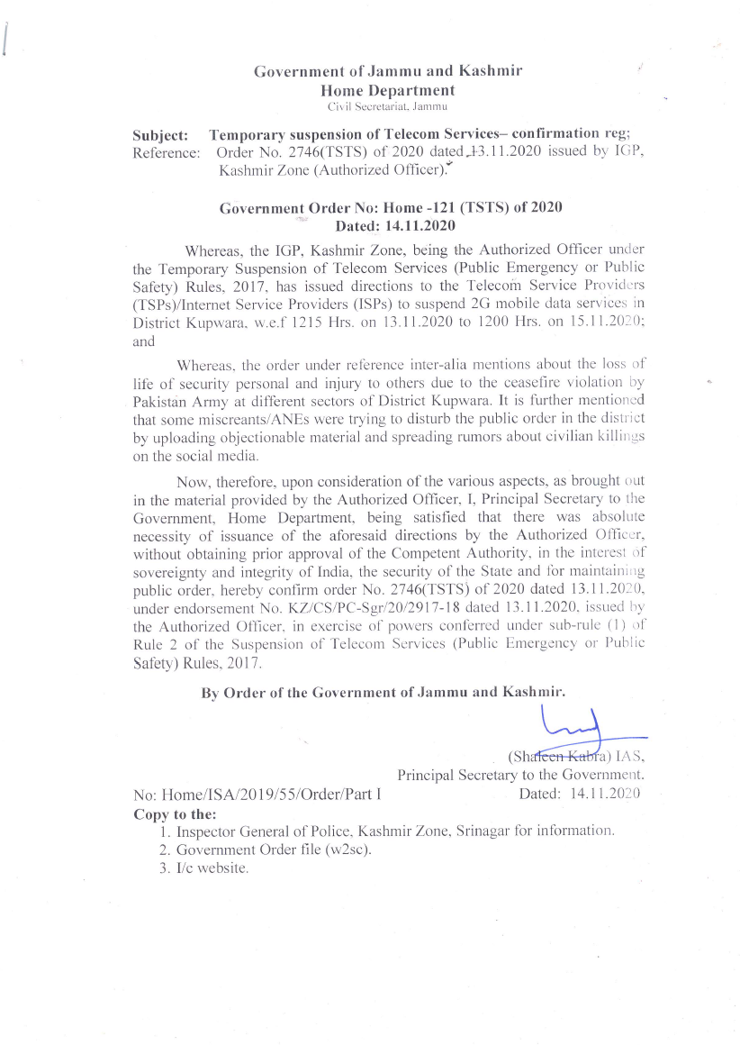 Government Order 121(TSTS) of 2020