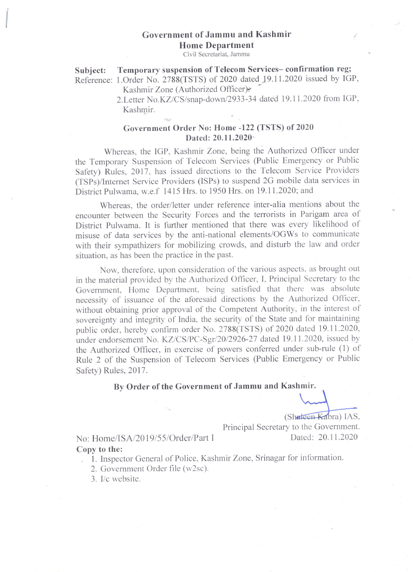 Government Order 122(TSTS) of 2020