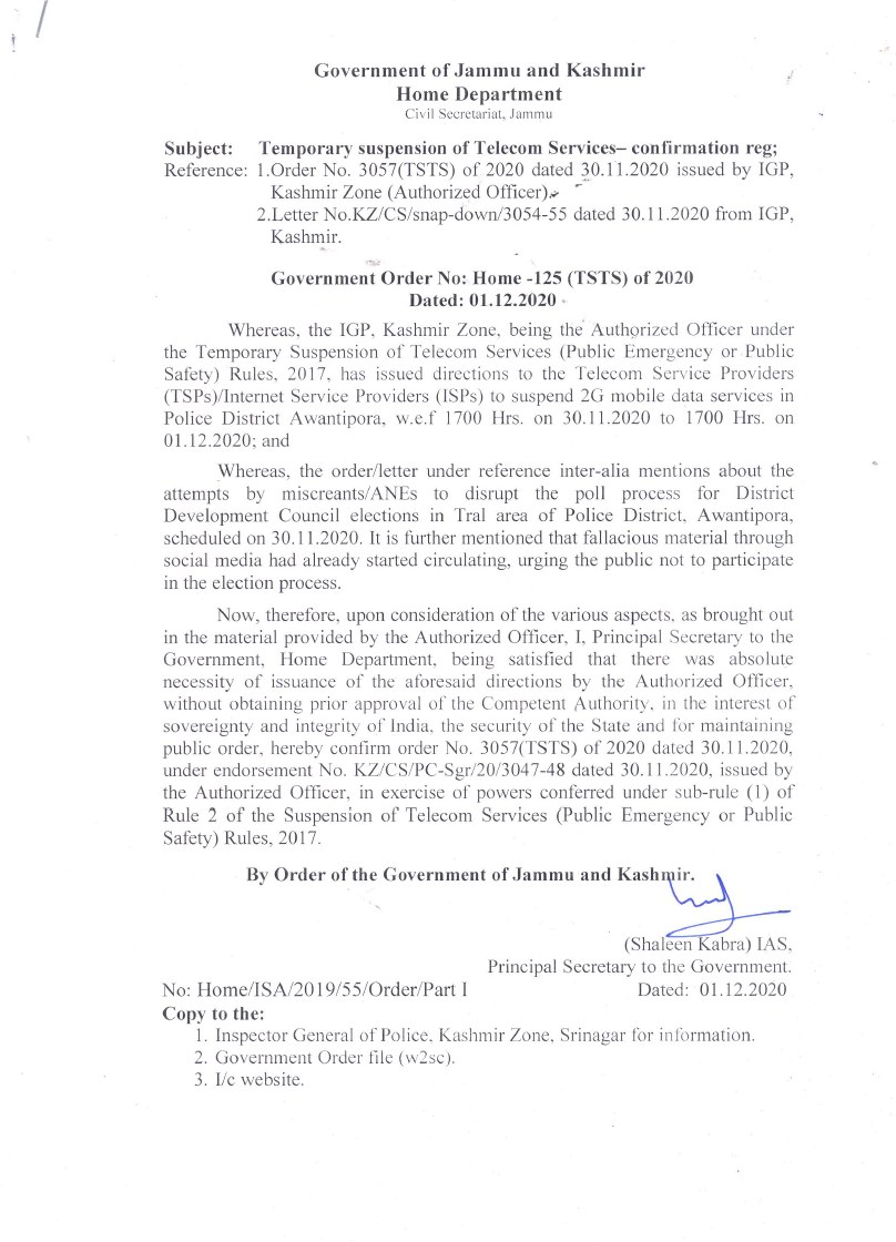 Government Order 125(TSTS) of 2020