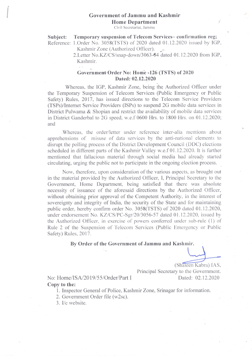 Government Order 126(TSTS) of 2020