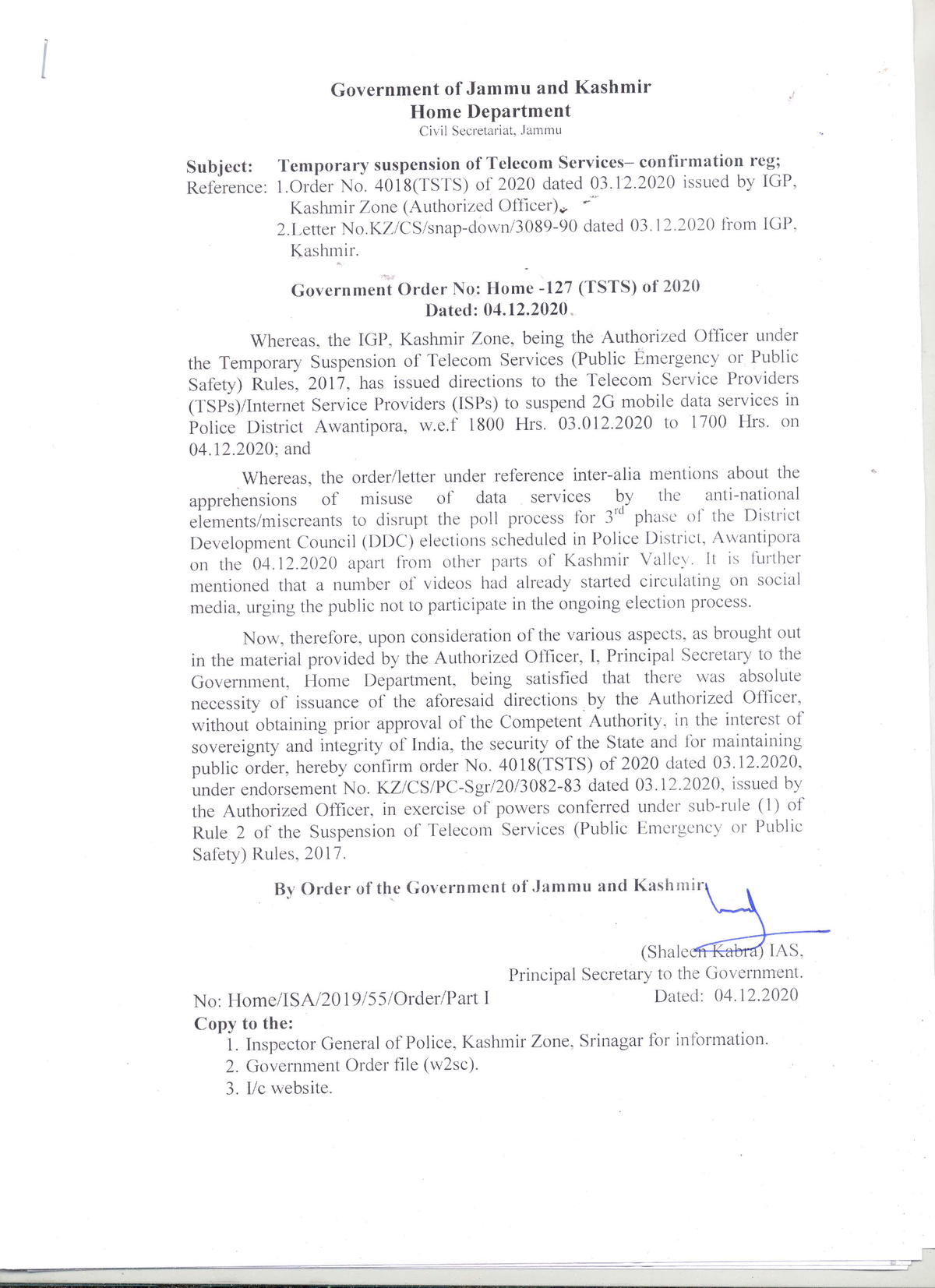 Government Order 127(TSTS) of 2020