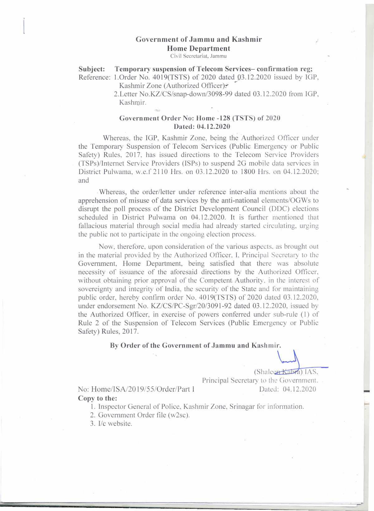 Government Order 128(TSTS) of 2020