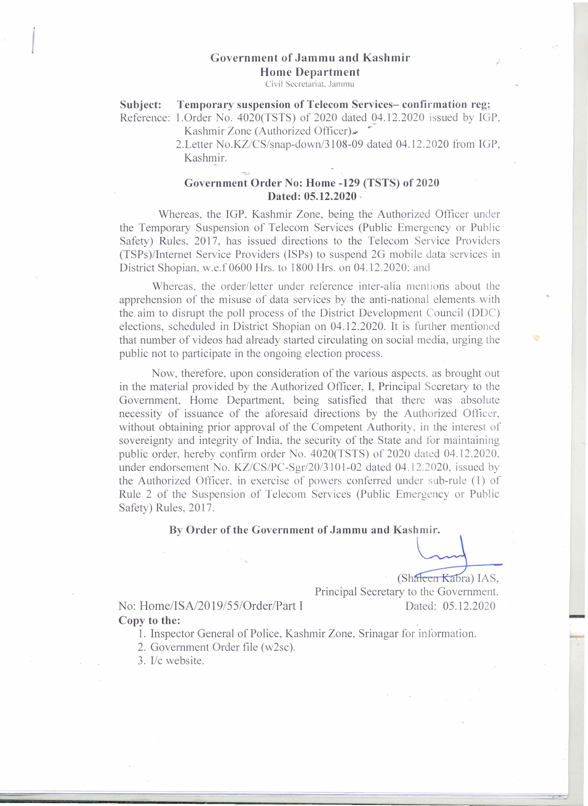 Government Order 129(TSTS) of 2020