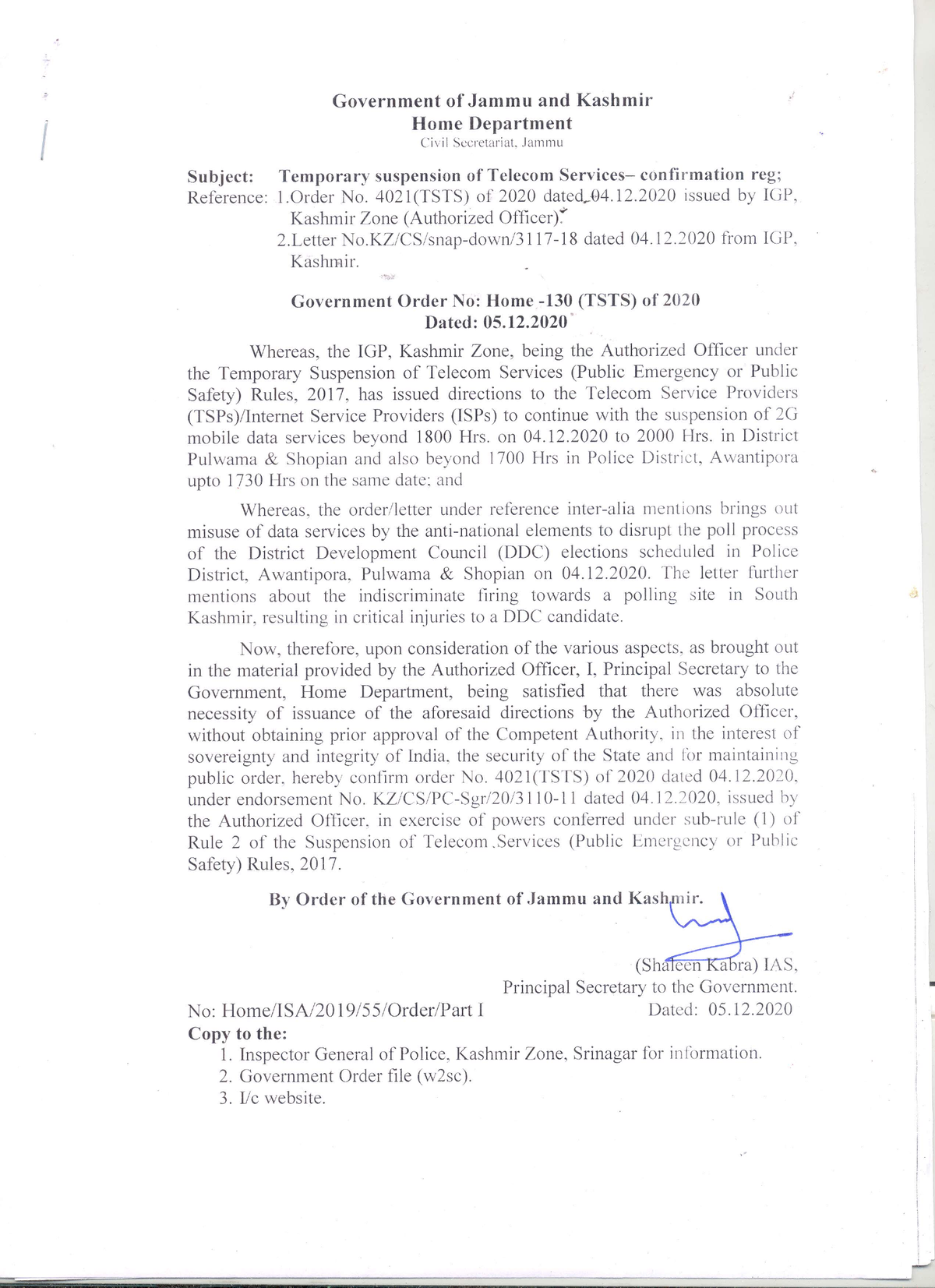 Government Order 130(TSTS) of 2020