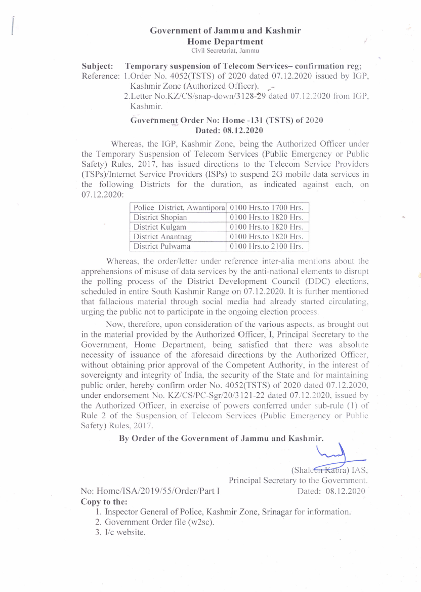 Government Order 131(TSTS) of 2020