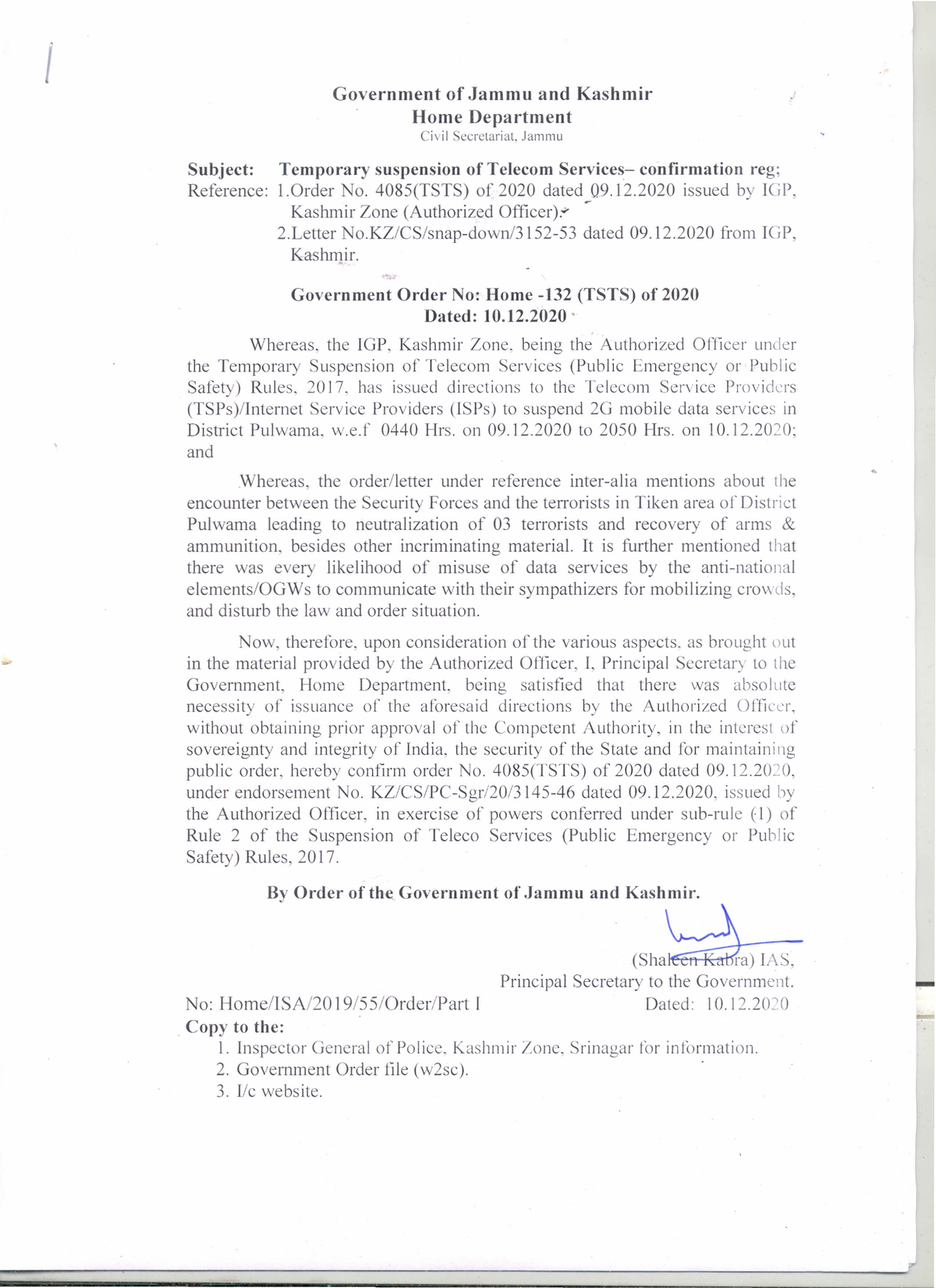 Government Order 132(TSTS) of 2020