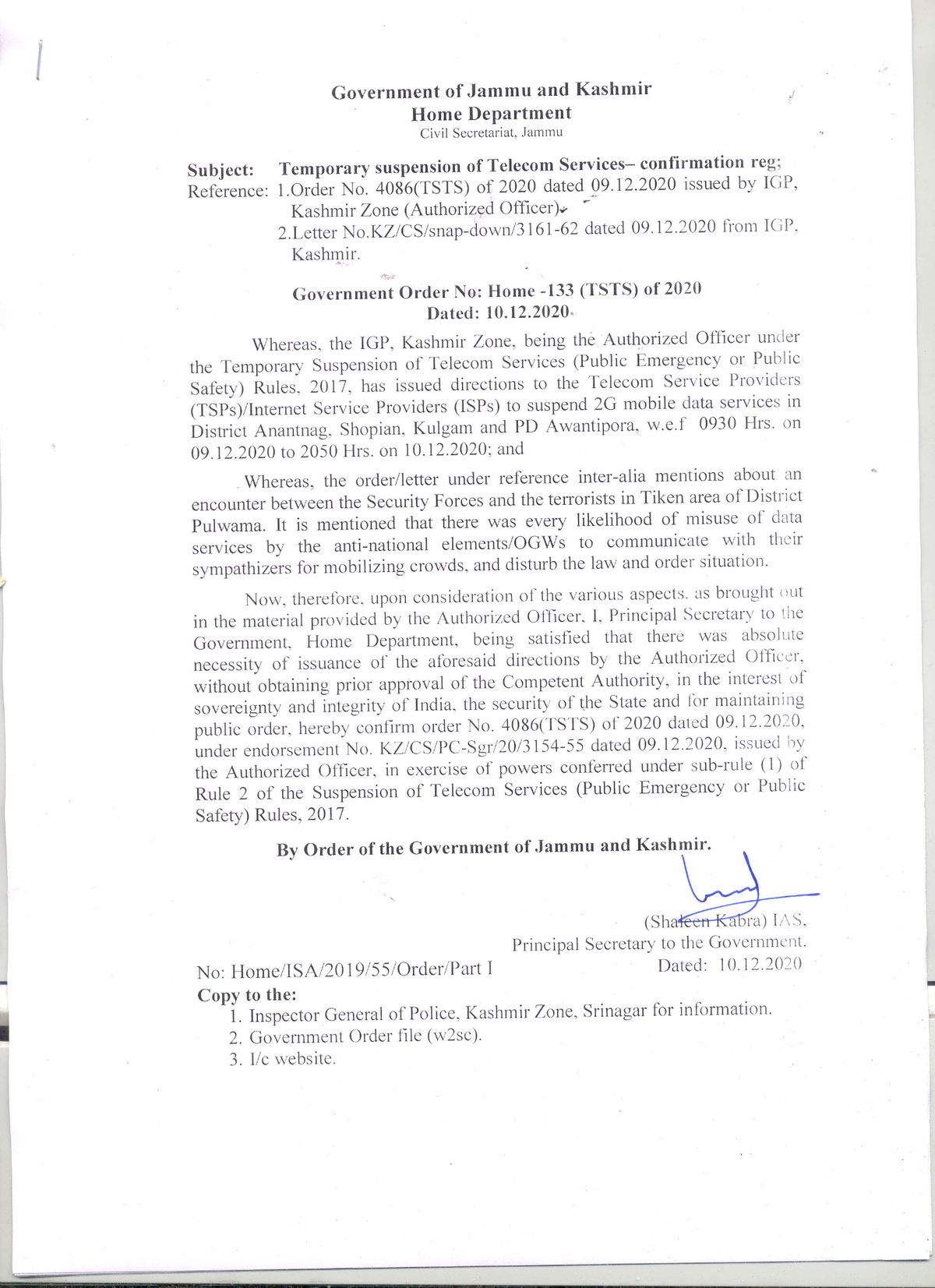 Government Order 133(TSTS) of 2020