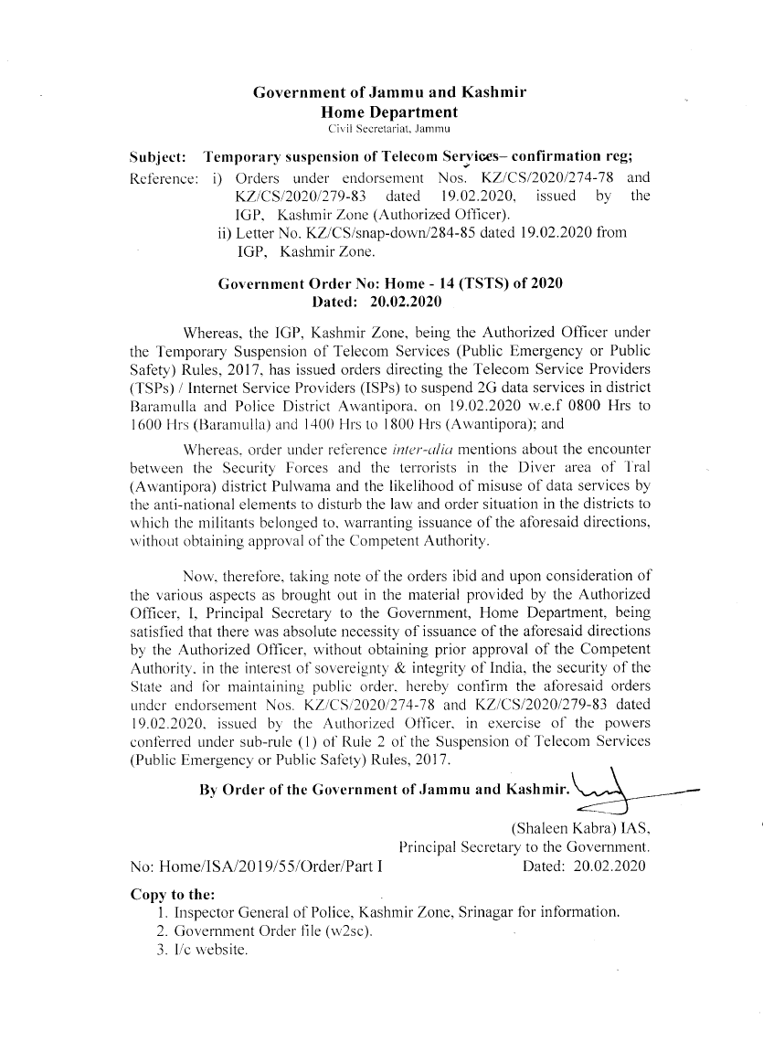 Government Order 14(TSTS)2020