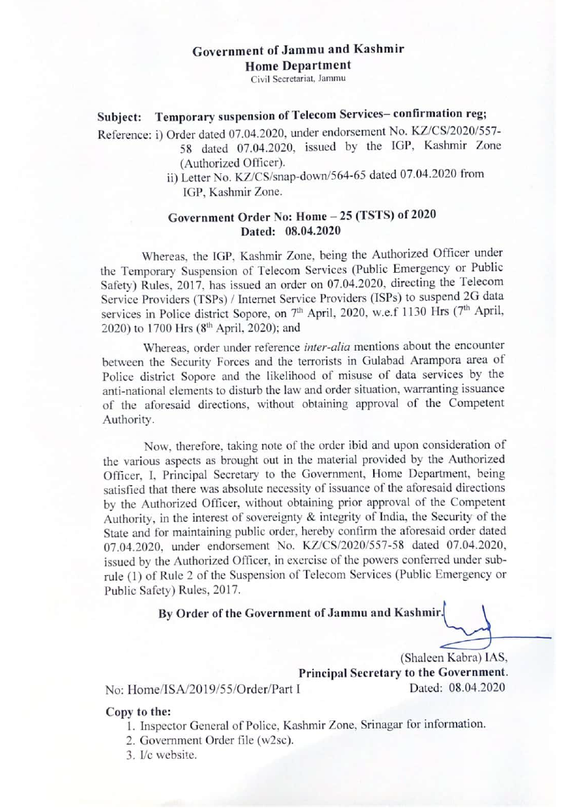 Government Order 25(TSTS)2020