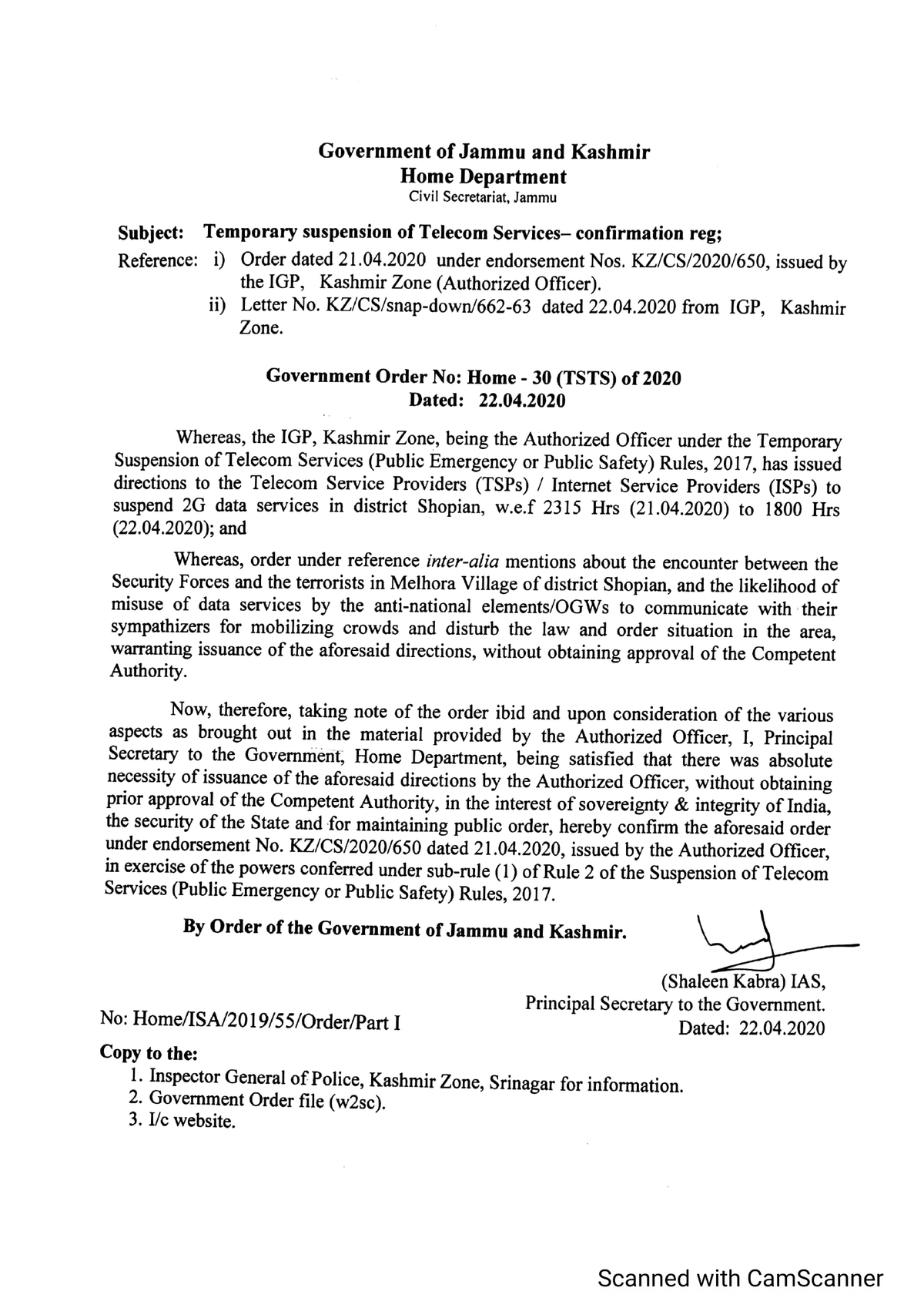 Government Order 30(TSTS)2020