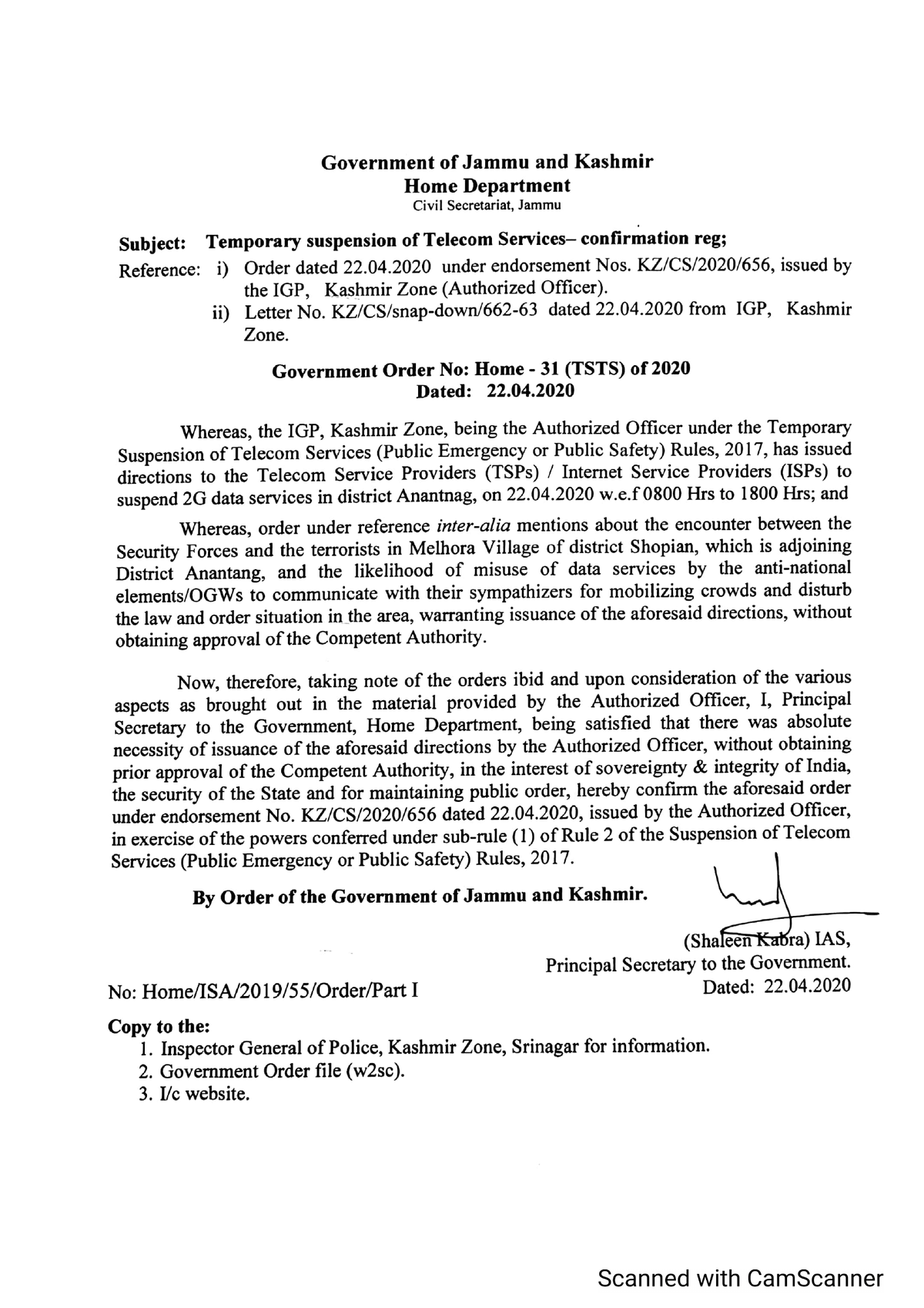Government Order 31(TSTS)2020