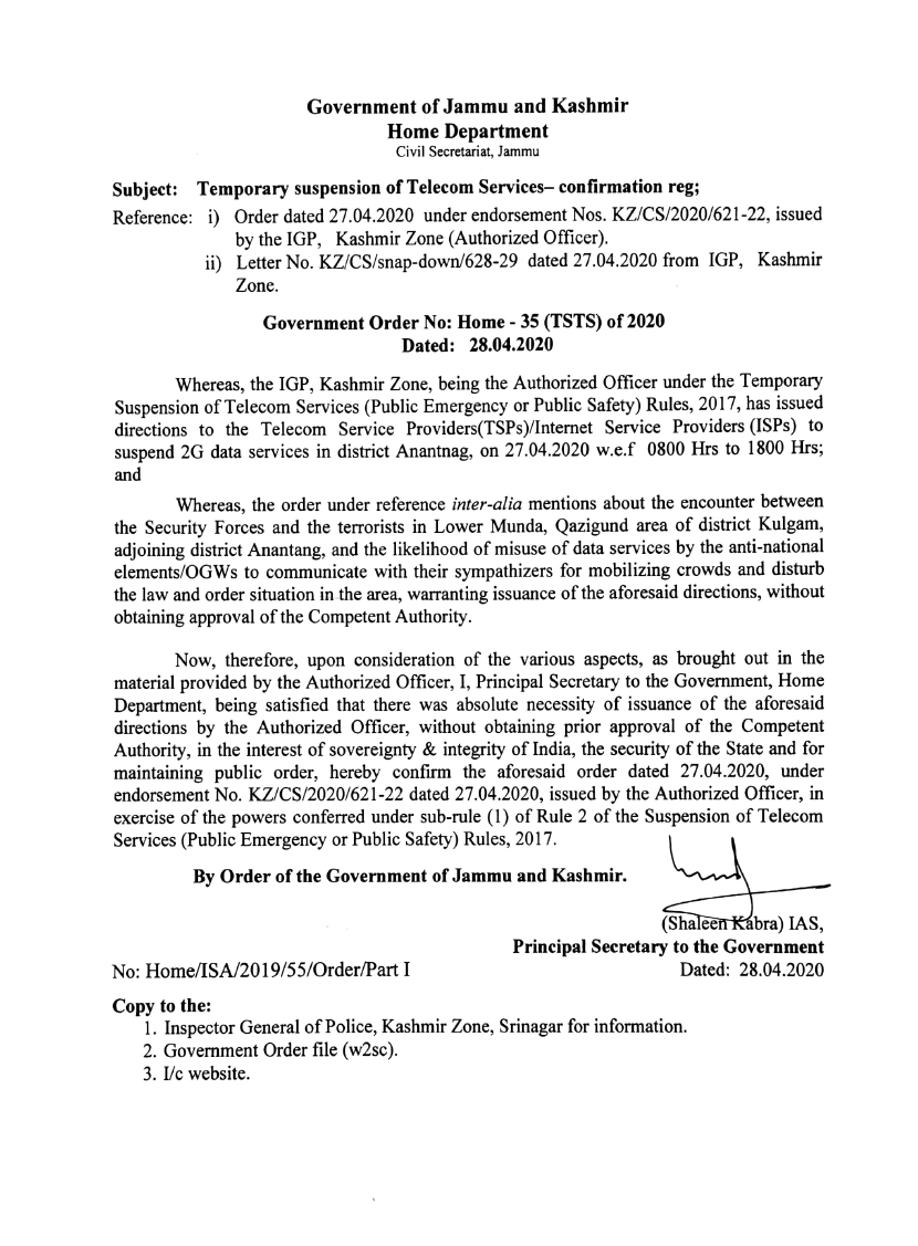 Government Order 35(TSTS)of 2020