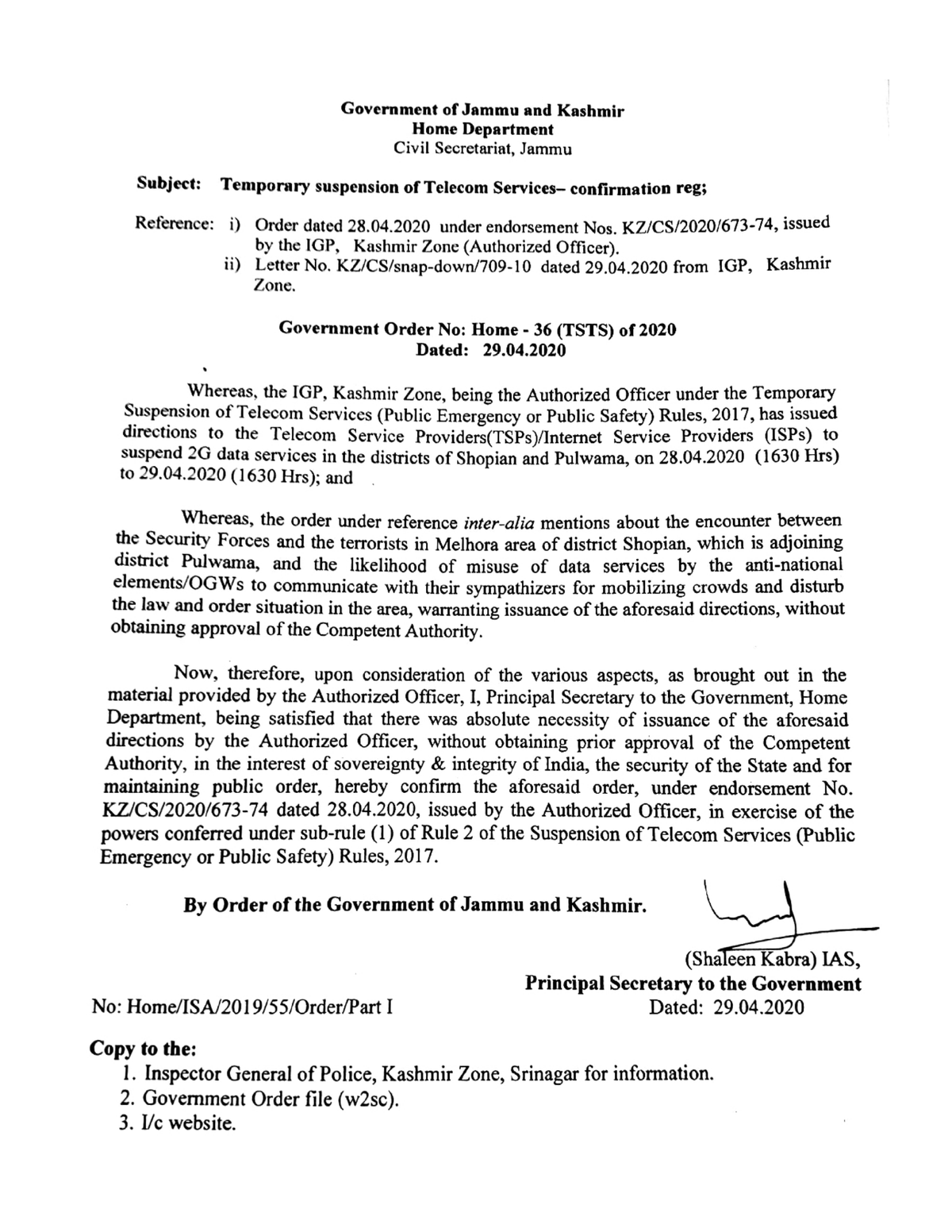 Government Order 36(TSTS) of 2020
