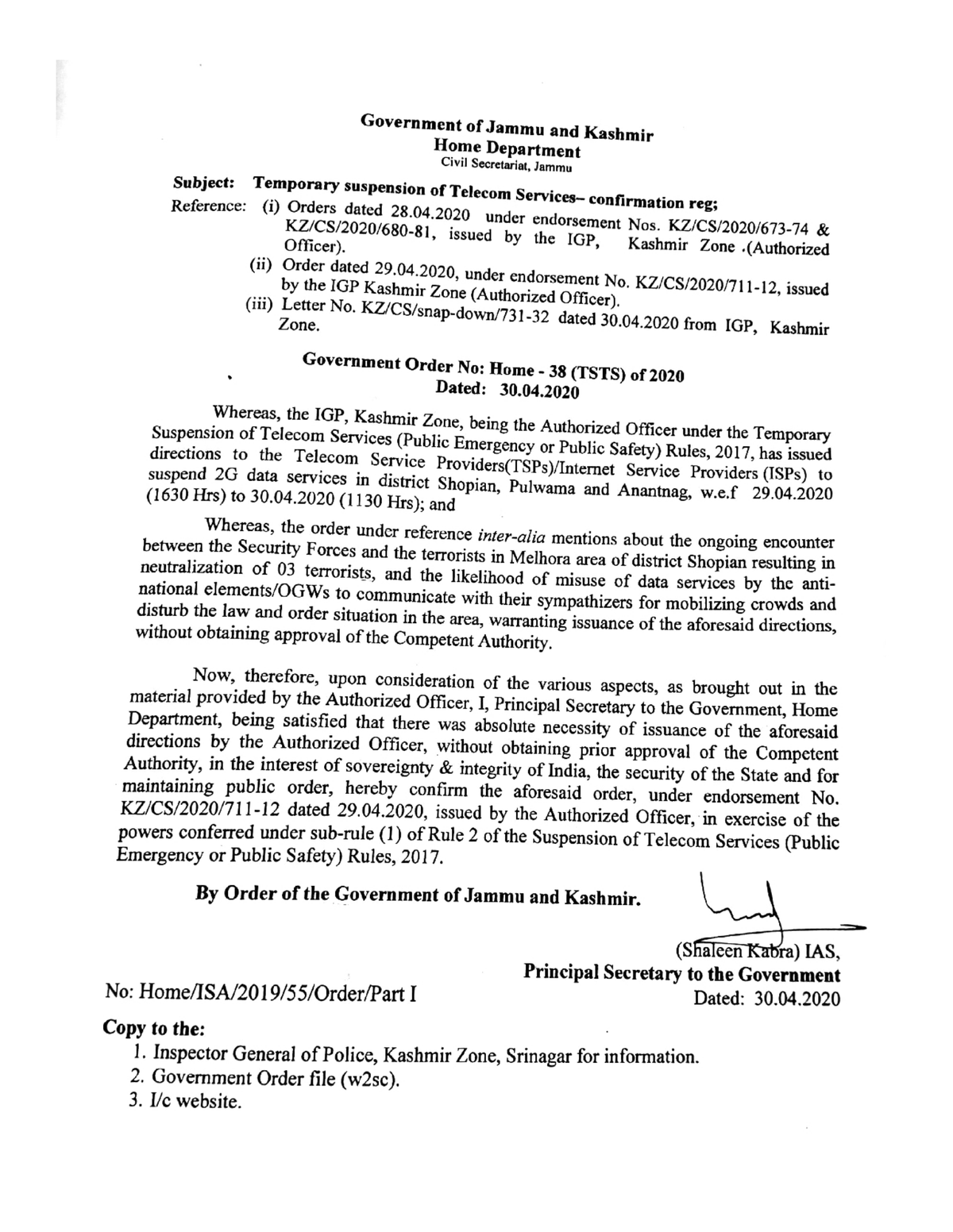 Government Order 38(TSTS) of 2020