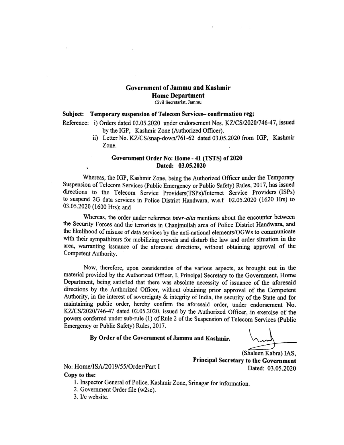 Government Order 41(TSTS) of 2020