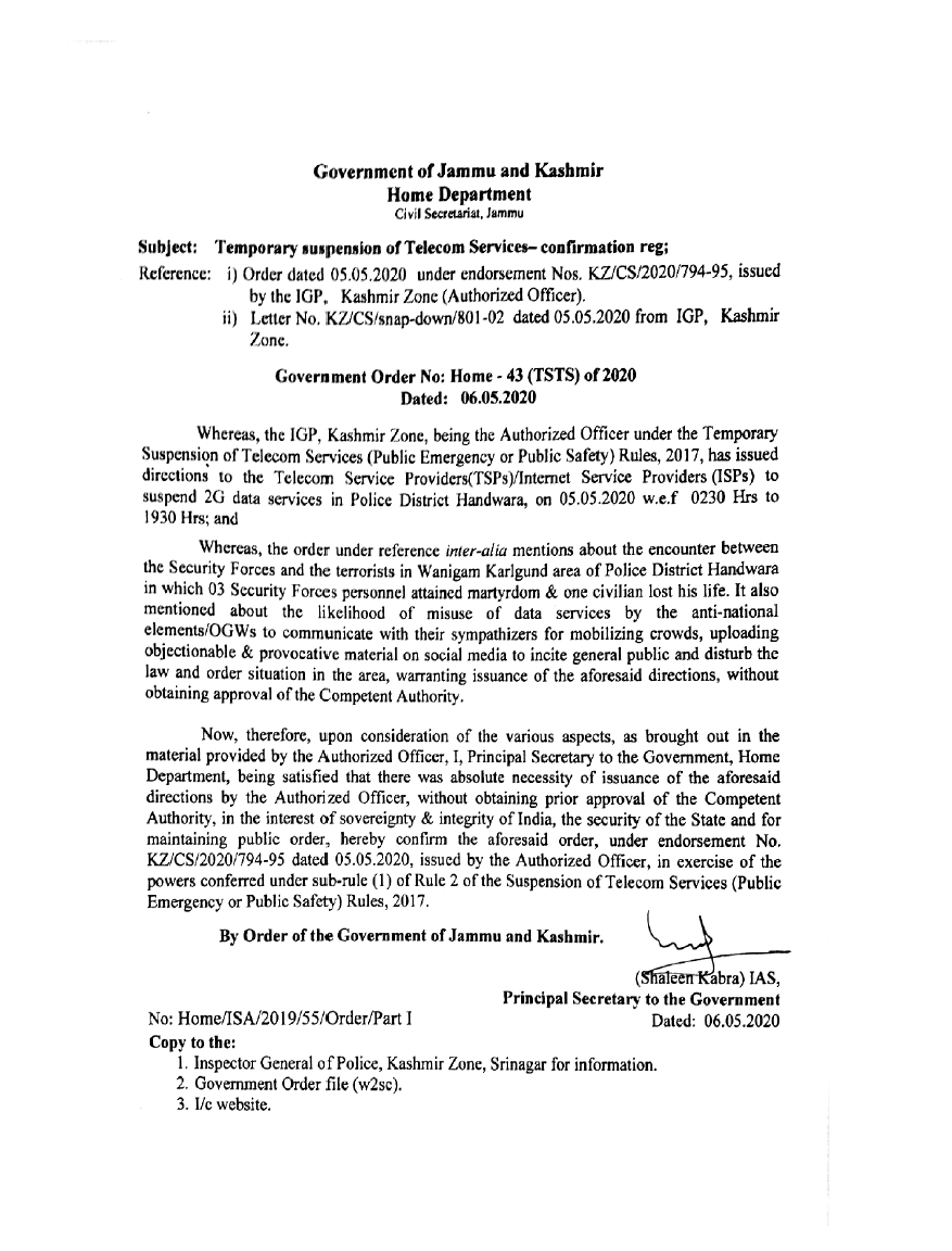 Government Order 43(TSTS) of 2020