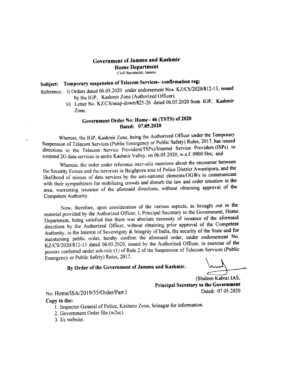 Government Order 46(TSTS) of 2020