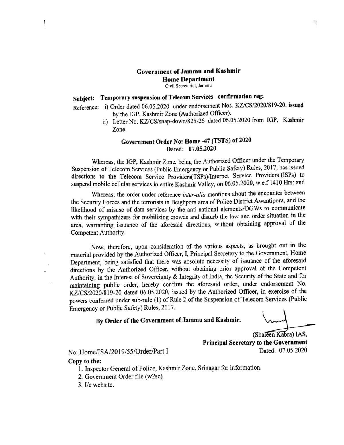 Government Order 47(TSTS) of 2020