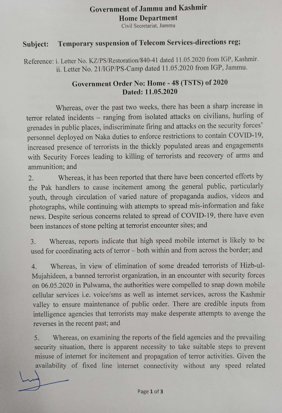 Government Order 48(TSTS) of 2020