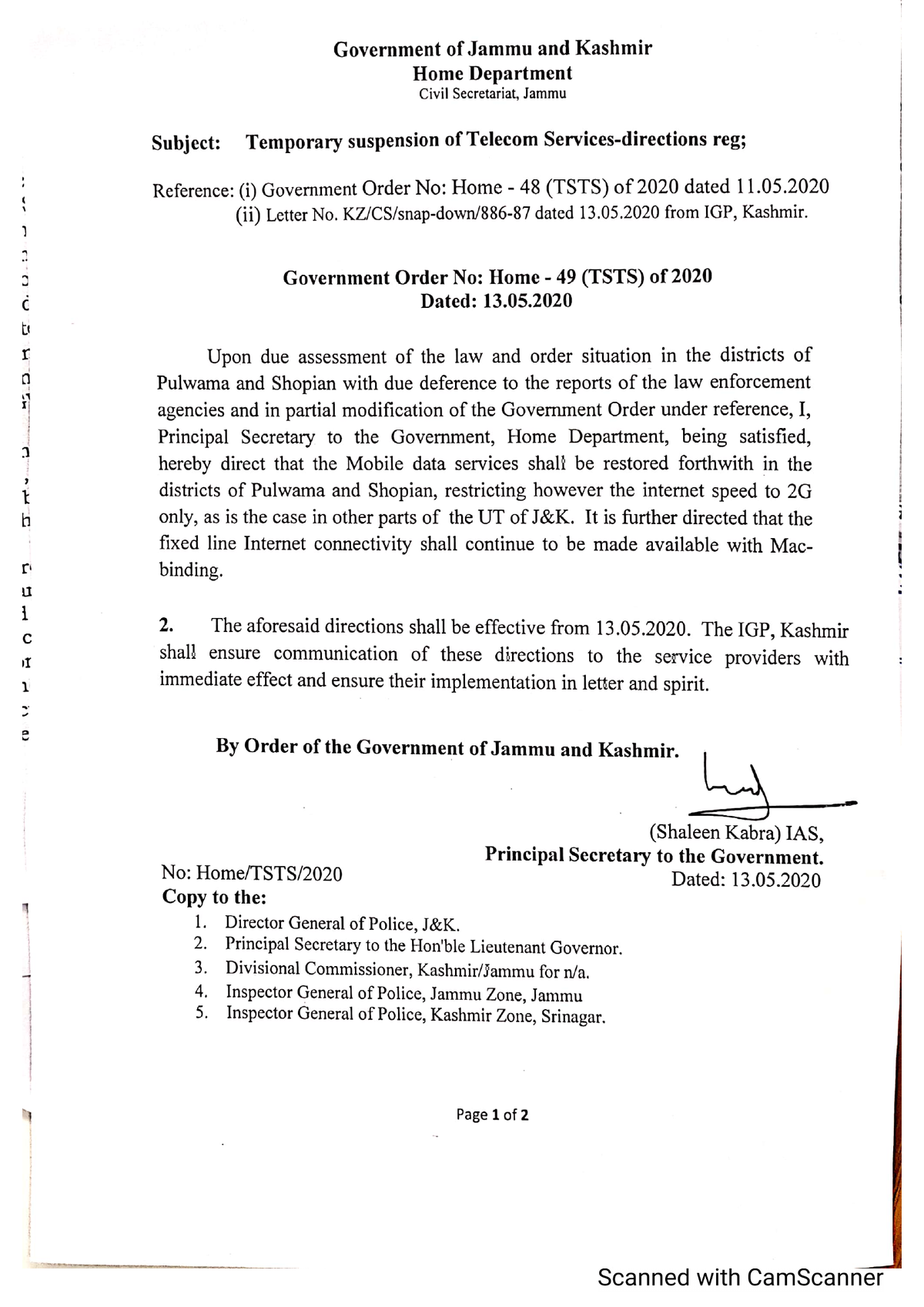 Government Order 49(TSTS) of 2020. pg1