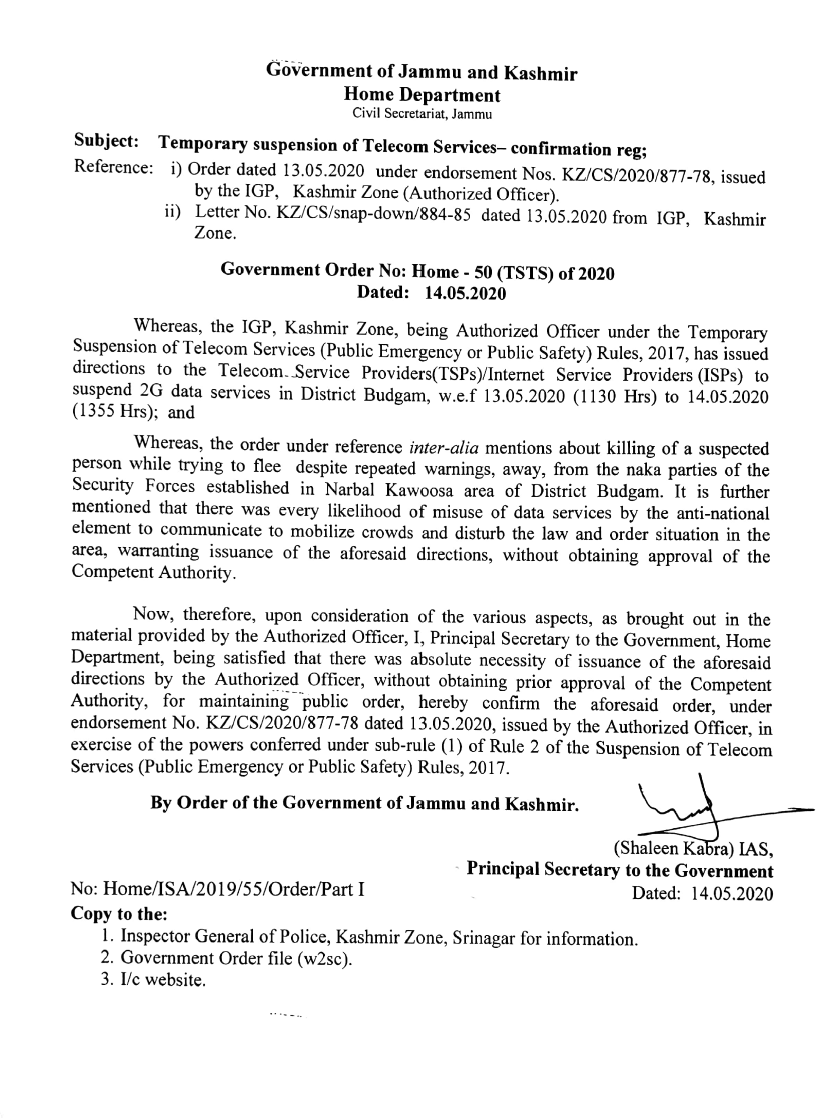 Government Order 50(TSTS) of 2020