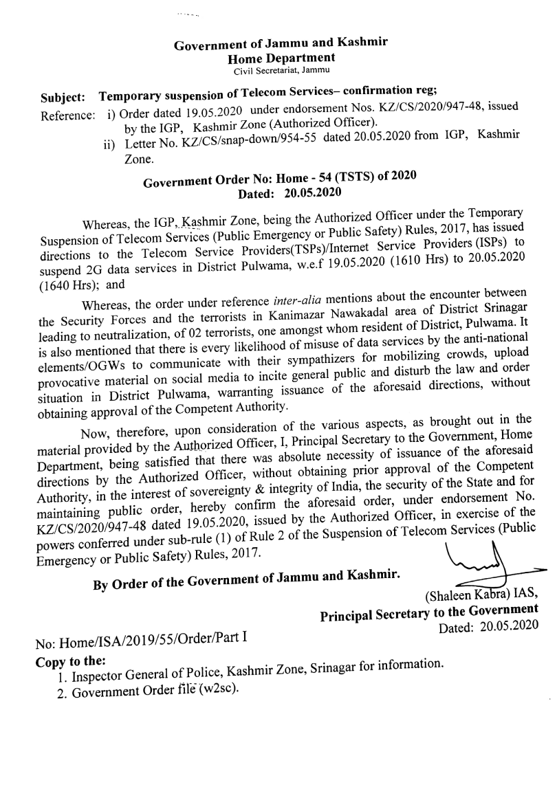 Government Order 54(TSTS) of 2020
