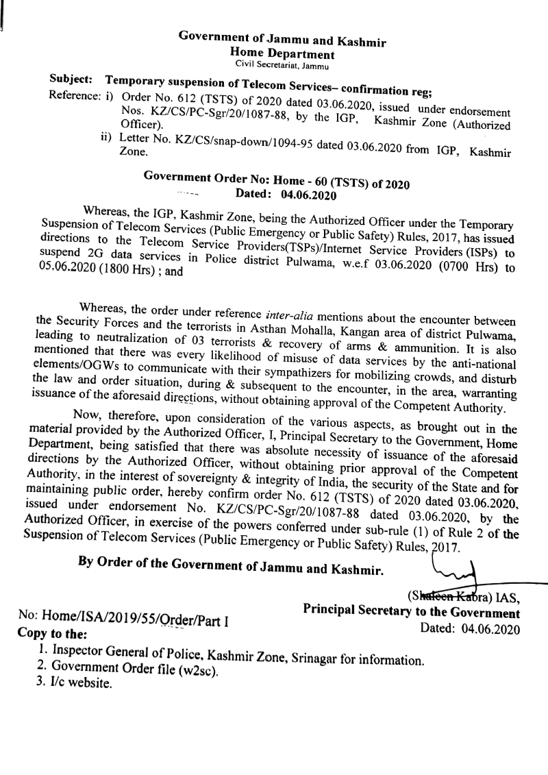 Government Order 60(TSTS) of 2020