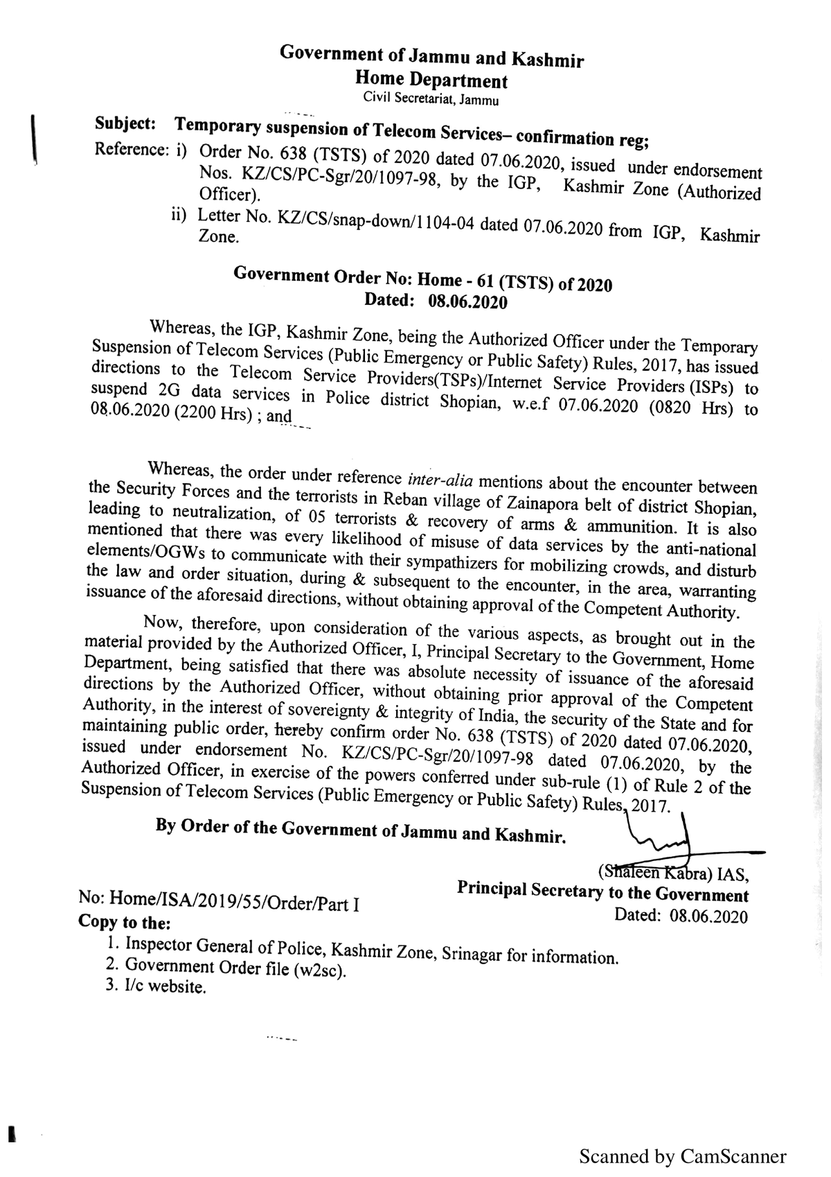 Government Order 61(TSTS) of 2020