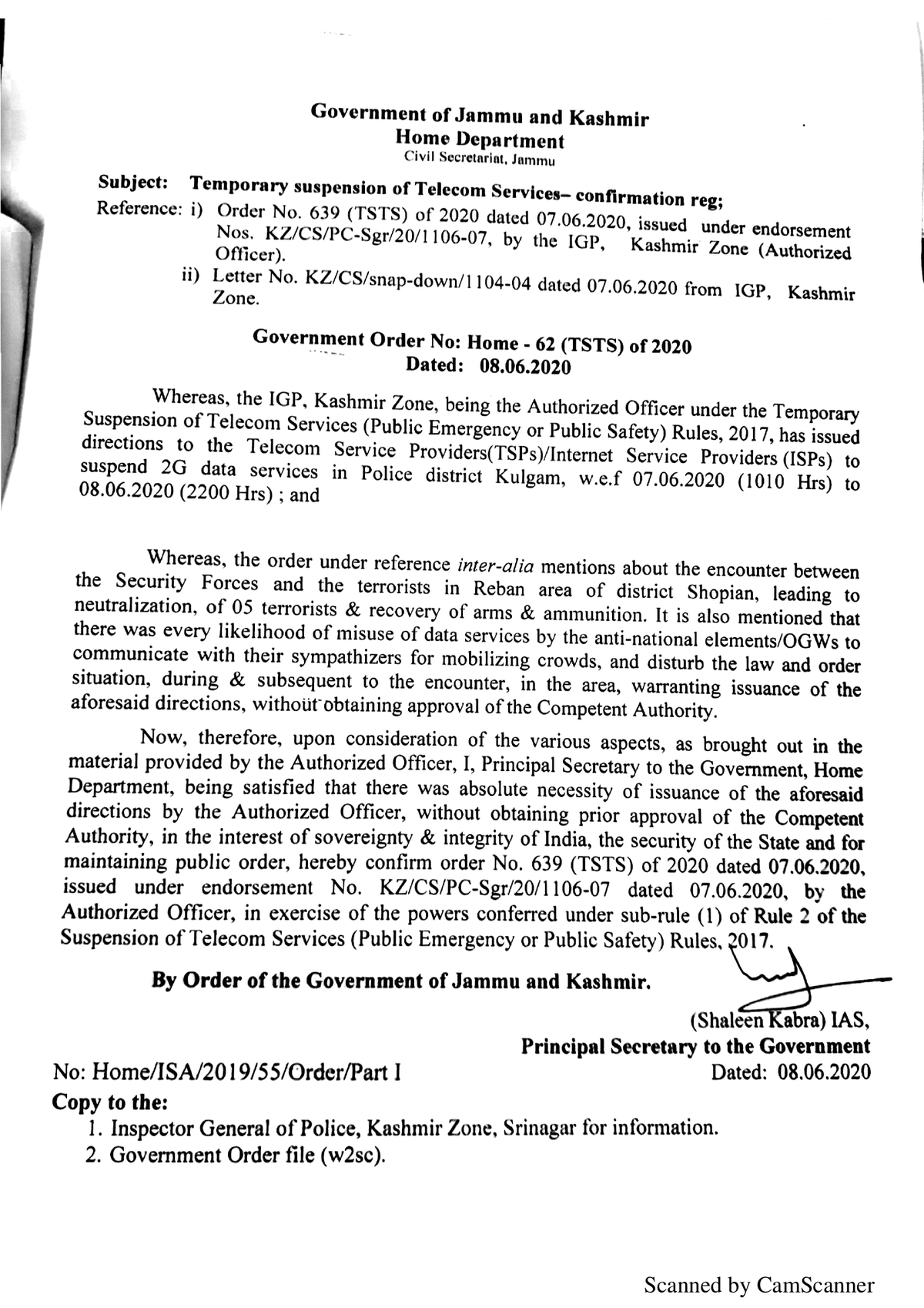 Government Order 62(TSTS) of 2020