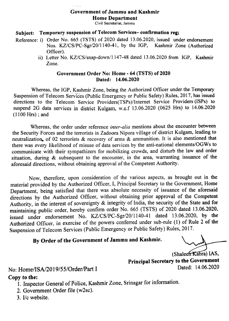 Government Order 64(TSTS) of 2020