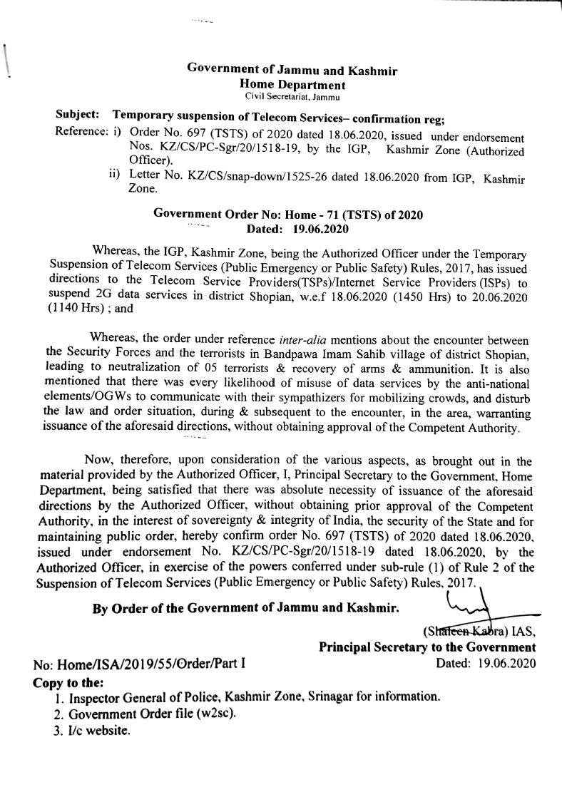 Government Order 71(TSTS) of 2020