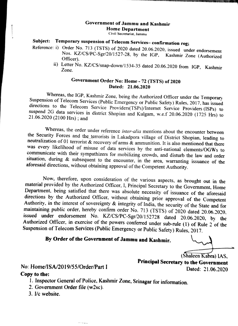 Government Order 72(TSTS) of 2020