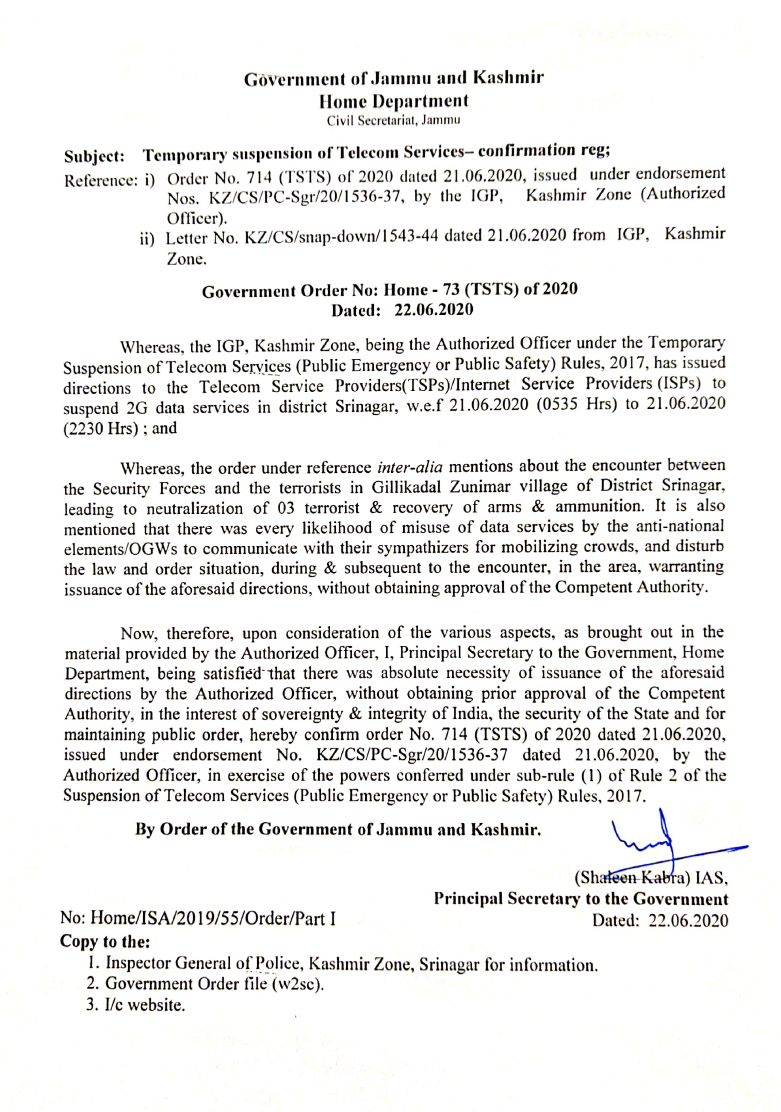 Government Order 73(TSTS) of 2020