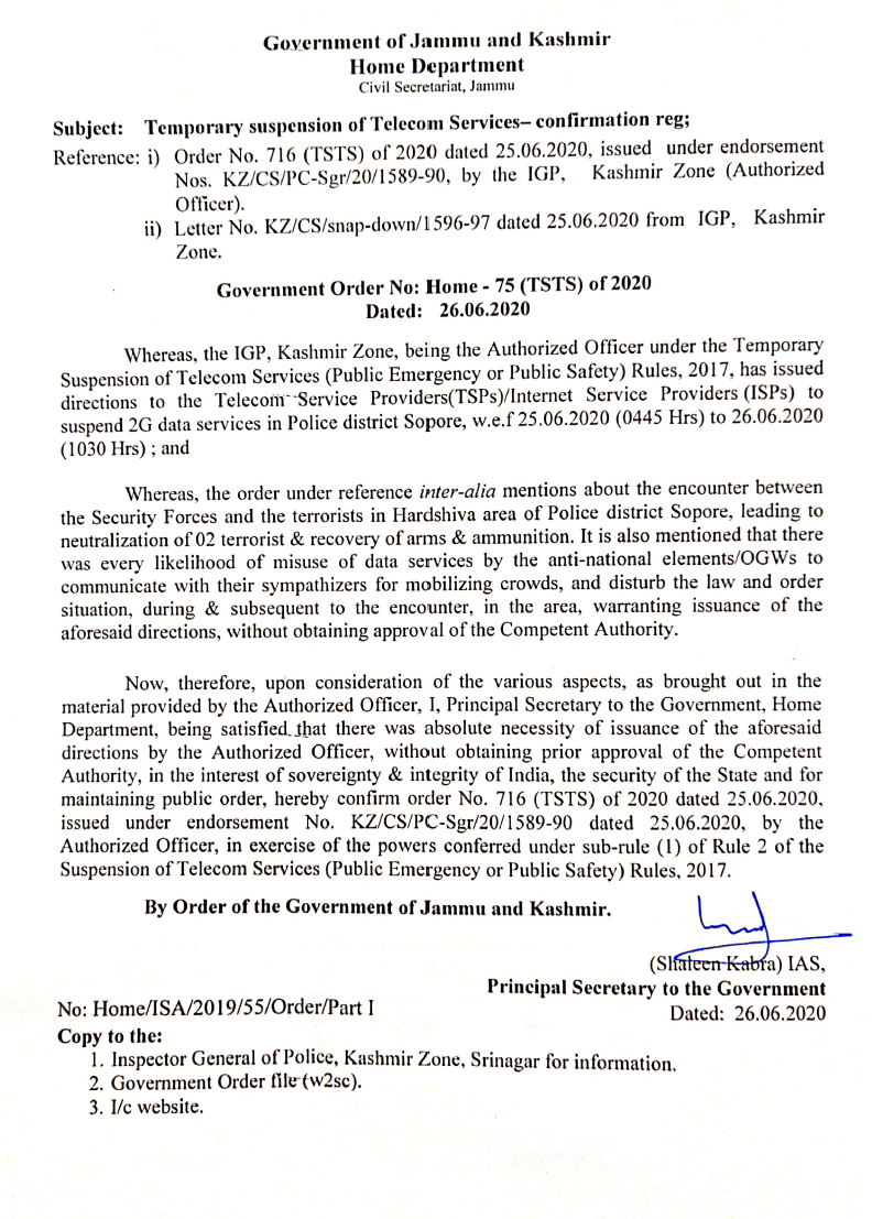 Government Order 75(TSTS) of 2020