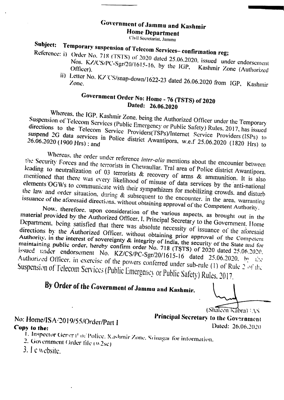 Government Order 76(TSTS) of 2020