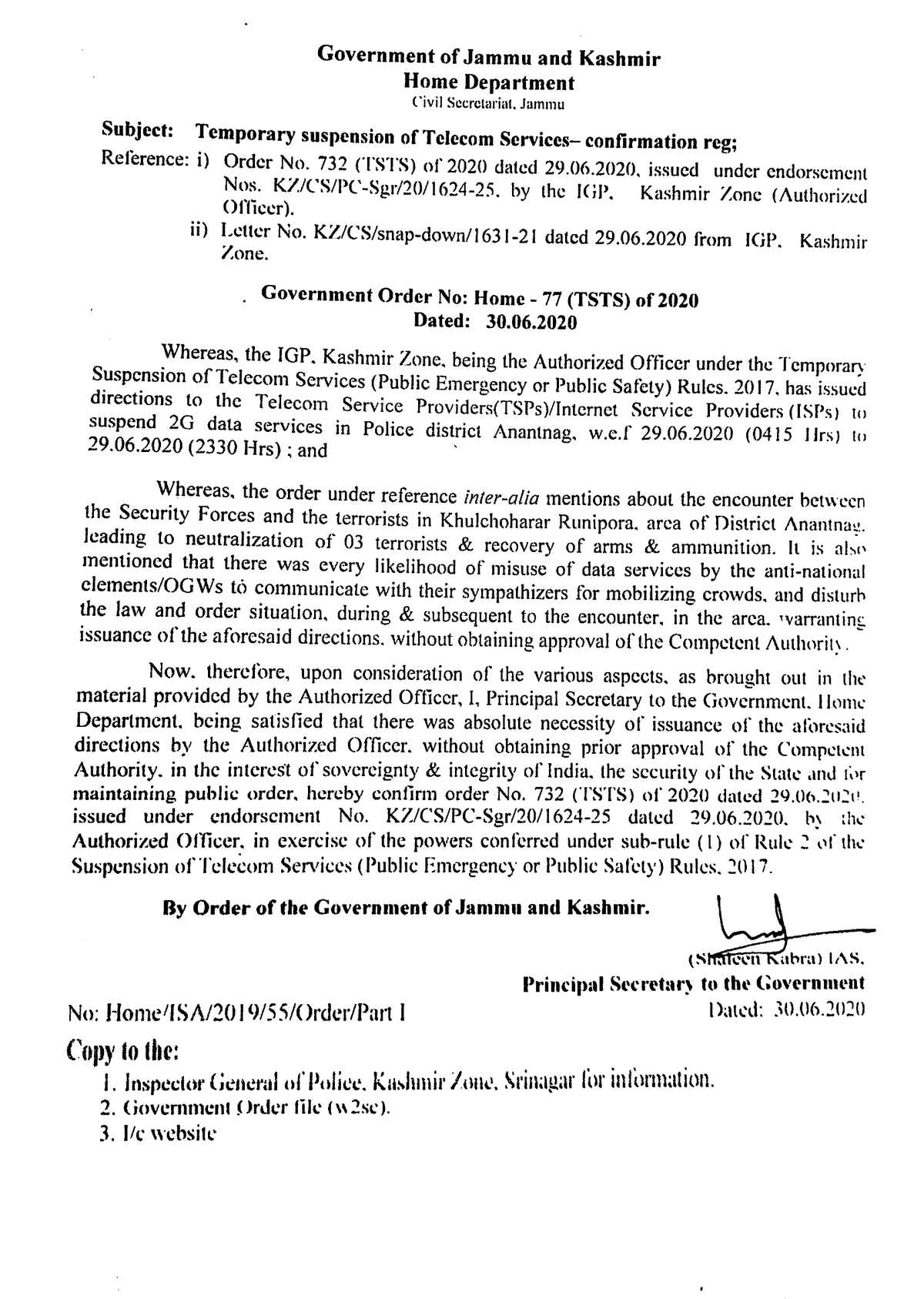 Government Order 77(TSTS) of 2020