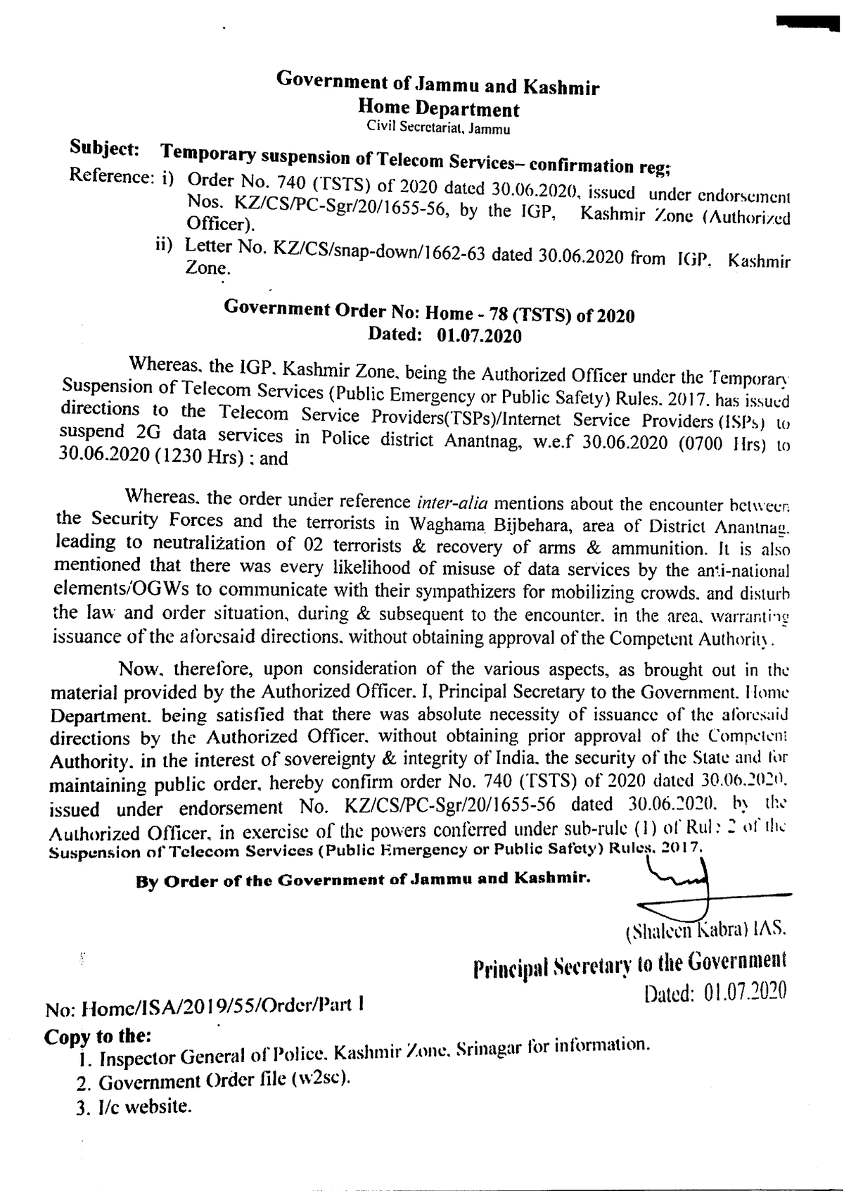 Government Order 78(TSTS) of 2020